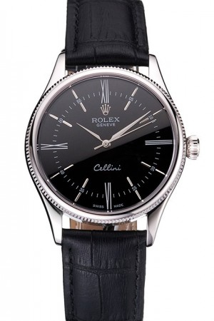 Rolex Cellini Black Dial Stainless Steel Case Black Leather Bracelet 622724
