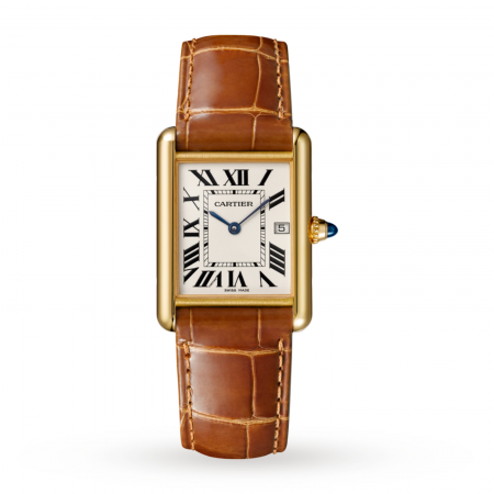 Swiss Tank Louis Cartier watch, Large model, yellow gold, leather, sapphire