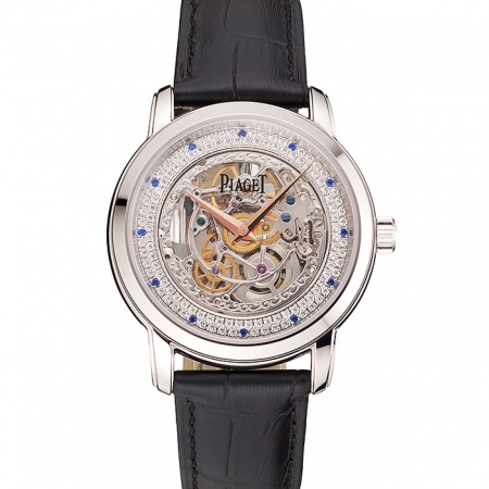 Swiss Piaget Altiplano Skeleton Dial With Diamonds Stainless Steel Case Black Leather Strap