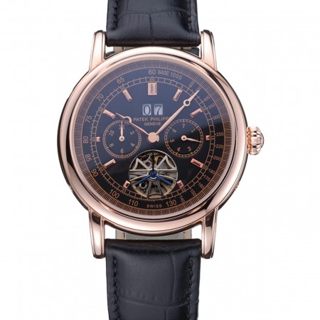 Patek Philippe Geneve Grand Complications Black Dial Tourbillon Rose Gold Bezel Black Band 622157