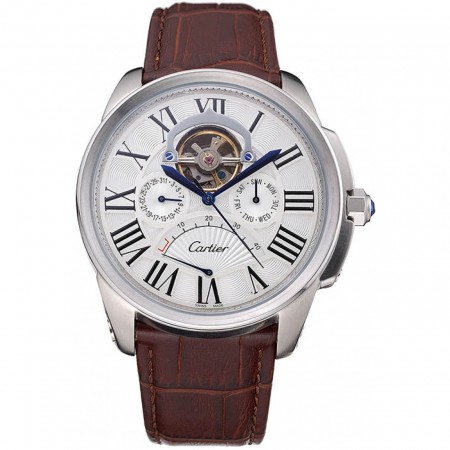 Cartier Calibre Tourbillon White Dial Stainless Steel Case Brown Leather Strap 622750