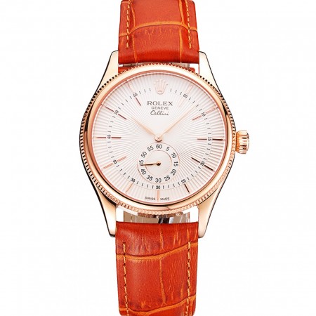 Swiss Rolex Cellini White Dial Rose Gold Case Light Brown Leather Strap