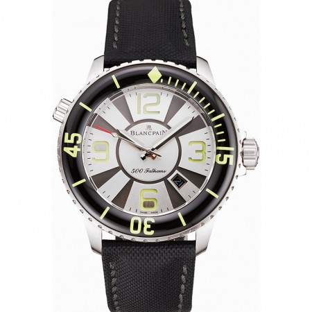 Swiss Blancpain 500 Fathoms Silver Dial Stainless Steel Case Black Canvas Strap