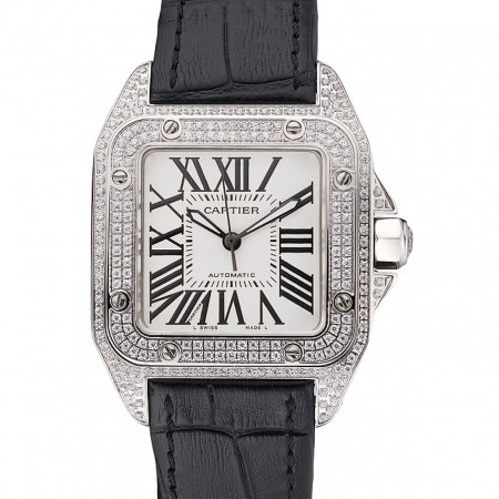 Swiss Cartier Santos Dumont Diamond Case White Dial Roman Numerals Black Leather Bracelet 622652