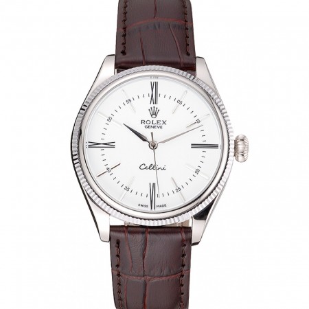 Rolex Cellini White Dial Stainless Steel Case Brown Leather Strap 622839