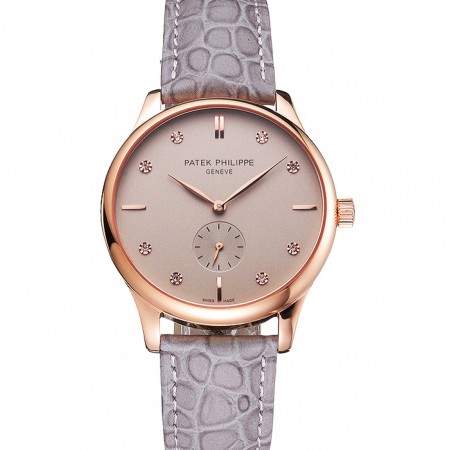 Patek Philippe Calatrava Gray Dial Diamond Markings Rose Gold Case Gray Leather Strap