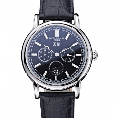 Patek Philippe Geneve Grand Complications Black Dial Stainless Steel Bezel Black Leather Band 622153