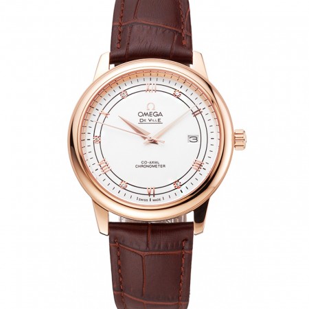 Omega De Ville Prestige White Dial Rose Gold Case Brown Leather Strap