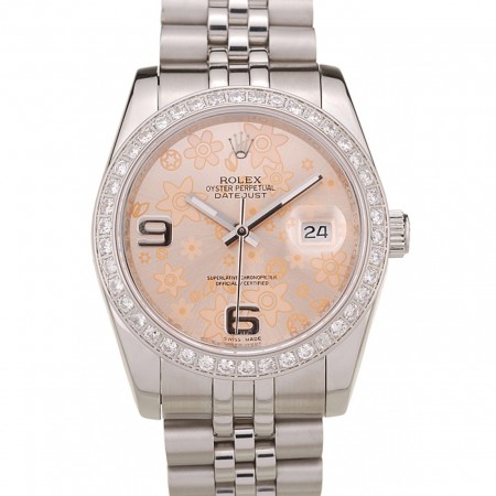 Rolex DateJust Brushed Stainless Steel Case Orange Flowers Dial Diamonds Plated