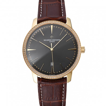 Swiss Vacheron Constantin Patrimony Grey Dial Gold Diamonds Case Brown Leather Bracelet 1454182
