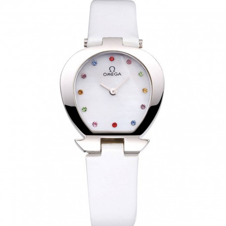 Omega Ladies Watch White Dial With Jewels Stainless Steel Case White Leather Strap 622817