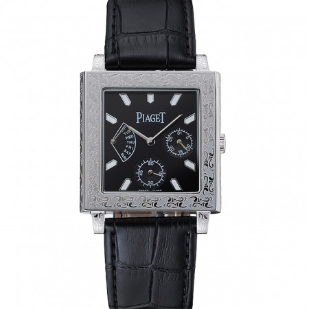 Piaget Emperador Limited Edition Black Dial Engraved Silver Case Black Leather Bracelet 1454136