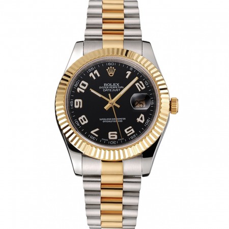 Swiss Rolex Datejust Black Dial Gold Bezel Stainless Steel Case Two Tone Bracelet