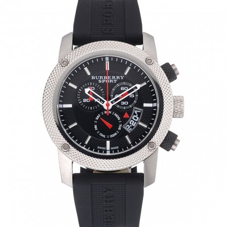Round Burberry Sport Athlete Chronograph White Case Triple-eye Black Rubber Bracelet 622620