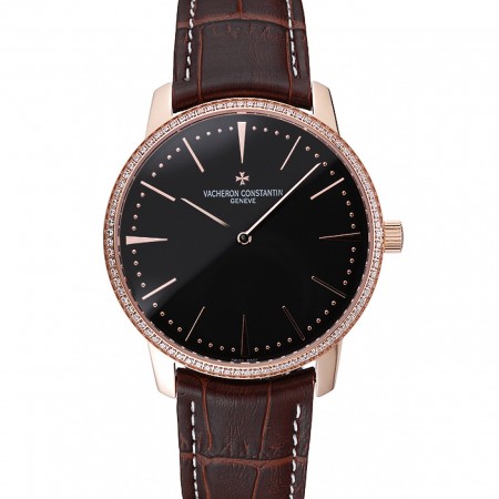 Swiss Vacheron Constantin Patrimony Grand Taille Black Dial Rose Gold Diamonds Case Brown Leather Bracelet 1454174