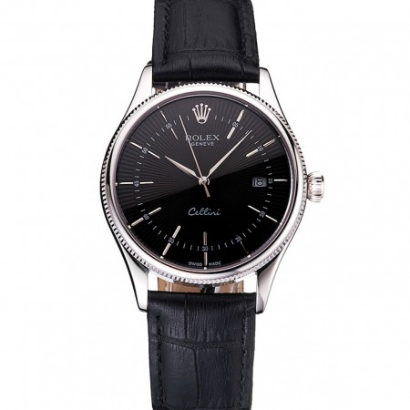Swiss Rolex Cellini Date Black Dial Stainless Steel Case Black Leather Strap