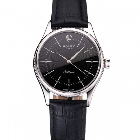Swiss Rolex Cellini Black Dial Steel Case Black Leather Strap