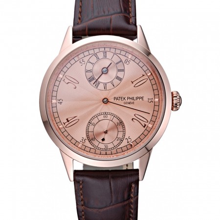 Patek Philippe Geneve Two Dial Rose Dial Rose Gold Bezel Brown Leather Band 622149