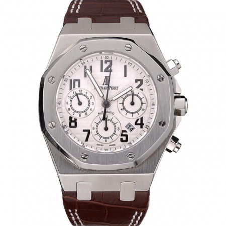 Swiss Audemars Piguet Royal Oak Chronograph White Dial Stainless Steel Case Brown Leather Strap 622864