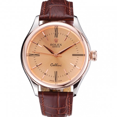 Rolex Cellini Gold Dial And Bezel Stainless Steel Case Brown Leather Strap 622840