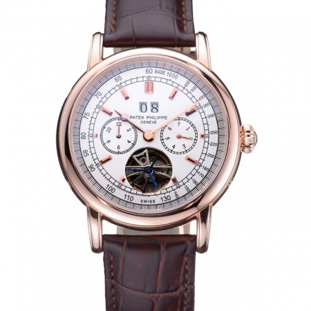 Patek Philippe Geneve Grand Complications White Dial Tourbillon Rose Gold Bezel Brown Band 622156