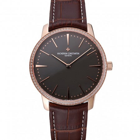 Swiss Vacheron Constantin Patrimony Grand Taille Grey Dial Rose Gold Diamonds Case Brown Leather Bracelet 1454172
