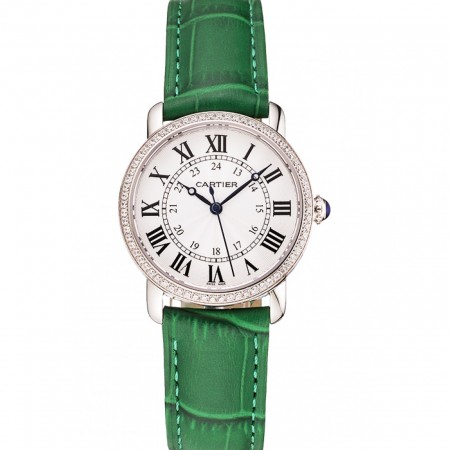 Cartier Ronde White Dial Diamond Bezel Stainless Steel Case Green Leather Strap