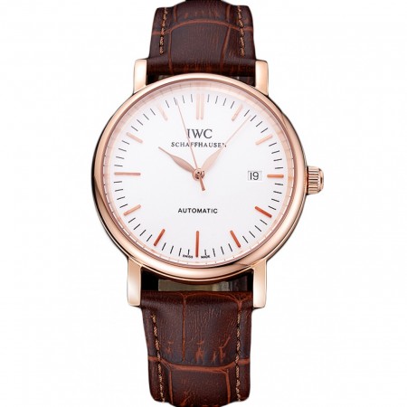Swiss IWC Portofino Gold Case White Dial Brown Leather Bracelet 622668