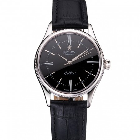 Swiss Rolex Cellini Black Dial Roman Numerals Stainless Steel Case Black Leather Strap