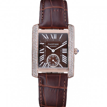 Cartier Tank MC Gold Diamond Case Brown Dial Brown Leather Strap 622170