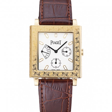 Piaget Emperador Limited Edition White Dial Engraved Gold Case Brown Leather Bracelet 1454139