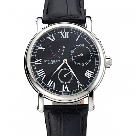 Patek Philippe Geneve Complications Black Dial Stainless Steel Bezel Black Leather Band 622141