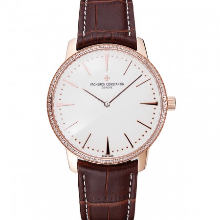 Swiss Vacheron Constantin Patrimony Grand Taille White Dial Rose Gold Diamonds Case Brown Leather Bracelet 1454171