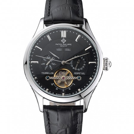 Patek Philippe Day Date Tourbillon Black Dial Stainless Steel Case Black Leather Strap 622839