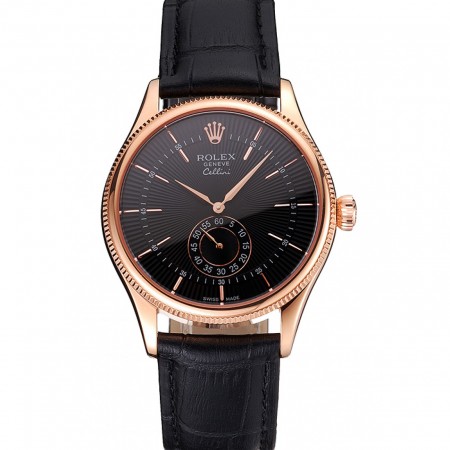 Swiss Rolex Cellini Black Dial Rose Gold Case Black Leather Strap