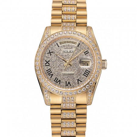 Swiss Rolex Day-Date Diamond Pave Dial Gold Diamond Bracelet 1453956