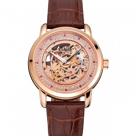 Swiss Piaget Altiplano Rose Gold Skeleton Dial With Diamonds Rose Gold Case Brown Leather Strap