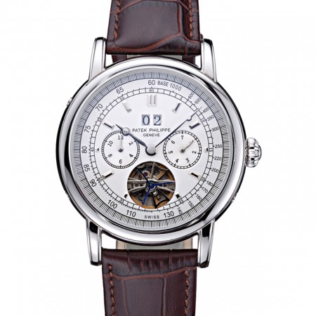Patek Philippe Geneve Grand Complications White Dial Tourbillon Stainless Steel Bezel Brown Band 622154
