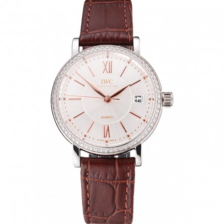 IWC Portofino Silver Dial Stainless Steel Case Diamonds Bezel Brown Leather Strap