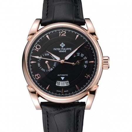 Patek Philippe Complications Chronograph Black Dial Gold Case Black Leather Bracelet 1454235