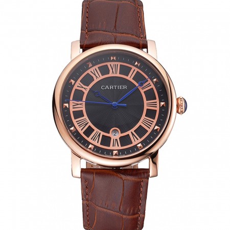 Cartier Rotonde Date Black Dial Rose Gold Case Brown Leather Strap