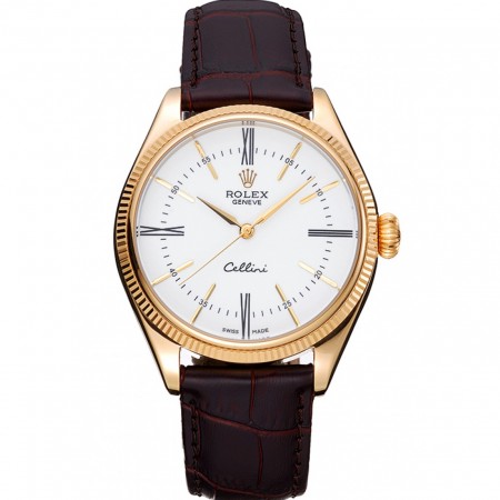Rolex Cellini White Dial Gold Case Brown Leather Strap 622833