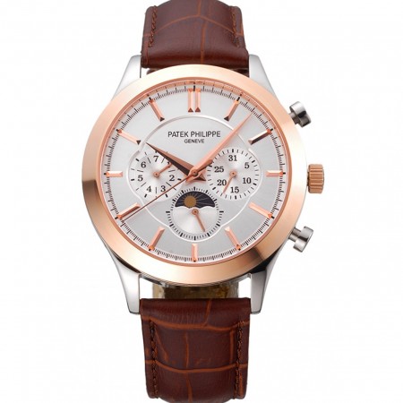 Patek Philippe Moonphase Chronograph White Dial Gold Case Brown Leather Strap 622843