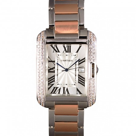 Cartier Tank Anglaise 36mm Silver Dial Diamonds Steel Case Two Tone Bracelet