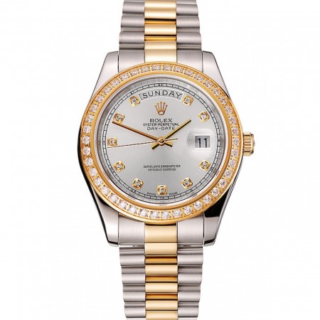 Swiss Rolex Day-Date White Dial Gold Diamond Case Two Tone Stainless Steel Bracelet 1453971