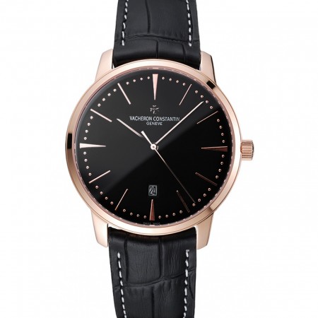 Swiss Vacheron Constantin Patrimony Black Dial Rose Gold Case Black Leather Bracelet 1454168