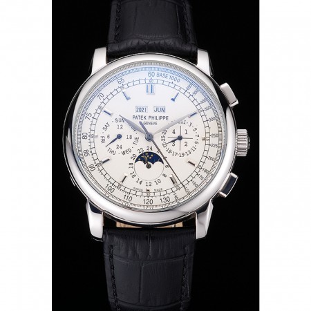 Patek Philippe Grand Complications White Dial Black Leather Bracelet