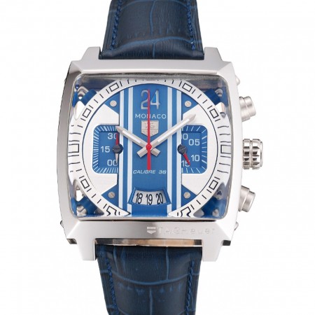 Tag Heuer Monaco 24 Calibre 36 Chronograph Blue And Grey Stripes Dial Blue Leather Strap 622273