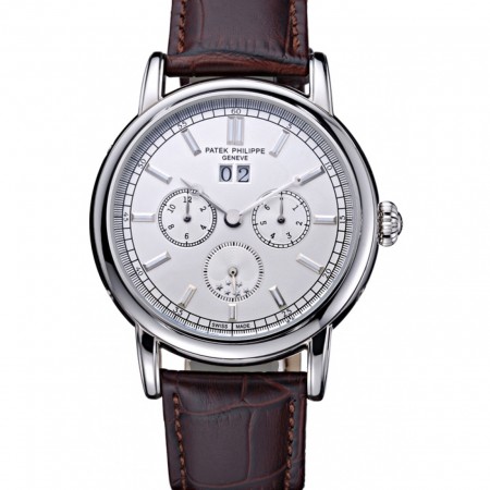 Patek Philippe Geneve Grand Complications White Dial Stainless Steel Bezel Brown Leather Band 622151