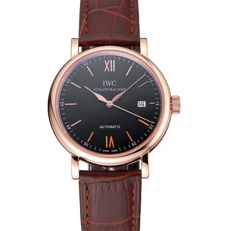 Swiss IWC Portofino Gold Case Black Dial Brown Leather Bracelet 622669